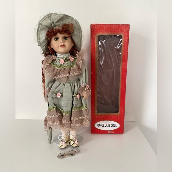 Vintage Other - Vintage Porcelain Doll in Victorian Green Dress – Includes Box & Accessories
